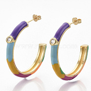 Brass Micro Pave Clear Cubic Zirconia Stud Earrings, Half Hoop Earrings, with Enamel and Earring Backs, Real 18K Gold Plated, Colorful, 35~36x35.5x4.5mm, Pin: 0.7mm(EJEW-S209-15J)