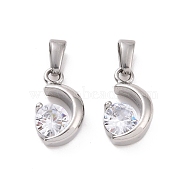 304 Stainless Steel Charms, with Cubic Zirconia, Moon, Clear, Stainless Steel Color, 15x8.5x4mm, Hole: 5x3mm(STAS-P216-30P)