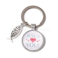 I Love Jesus Symbol Glass Pendant Keychain with Alloy Jesus Fish Charm, with Iron Findings, Half Round, Light Sky Blue, 6.2cm(KEYC-G058-01B)