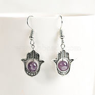 Natural Crystal Stone Hamsa Hand & Round Dangle Earrings, Handmade Sweet Ear Jewelry, Platinum, Purple(UB8598-10)