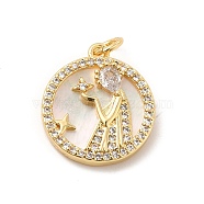 Brass Clear Cubic Zirconia with Shell Pendants, Flat Round Charms with Constellation Pattern, Golden, Virgo, 17x15x3mm, Hole: 3mm(KK-G450-02G-08)