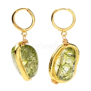 Brass Huggie Hoop Earring, with Dyed Natural Quartz Crystal Pendants, Nuggets, Golden, Olive Drab, 39.5~48mm, Pin: 1mm(EJEW-JE04374-01)