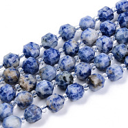 Natural Blue Spot Jasper Beads Strands, Round, Faceted, 8~9x10mm, Hole: 1.2mm, about 33~35pcs/strand, 15.16inch(38.5cm)(G-R482-07-10mm)
