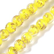 Handmade Gold Sand Lampwork Beads, Round, Yellow, 8~8.5x7.5~8mm, Hole: 1.5mm, about 48pcs/strand, 14.02''(35.6cm)(LAMP-Z009-01C)