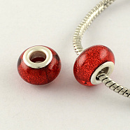 Large Hole Resin European Beads, with Silver Color Plated Brass Double Cores, Rondelle, Red, 14x9mm, Hole: 5mm(OPDL-R118-04B)