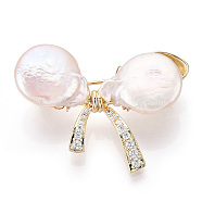 Natural Baroque Pearl Bowknot Brooches for Women, Brass Pave Cubic Zirconia Pins, Real 14K Gold Plated, 26x33.5~35x12~15mm(JEWB-N001-09G)