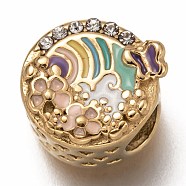 316 Surgical Stainless Steel European Beads, Large Hole Beads, with Enamel and Rhinestone, Flat Round with Flower, Golden, Mixed Color, 12.5x11.5x7.5mm, Hole: 4.5mm(STAS-I177-05G)