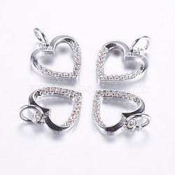 Long-Lasting Plated Brass Micro Pave Cubic Zirconia Charms, Hollow Heart, Real Platinum Plated, 11.5x11x2mm, Hole: 3mm(X-ZIRC-F069-39P)