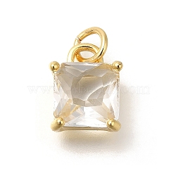 Brass Charms, with Glass and Jump Ring, Real 18K Gold Plated, Square, Clear, 11.5x9x6.5mm, Hole: 3.5mm(KK-M295-20G-02)