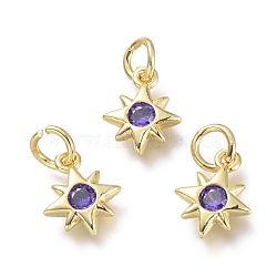 Brass Micro Pave Cubic Zirconia Pendants, with Jump Rings, Star, Real 18K Gold Plated, Lilac, 10x8x2mm, Hole: 3.5mm(KK-P188-H06-G)