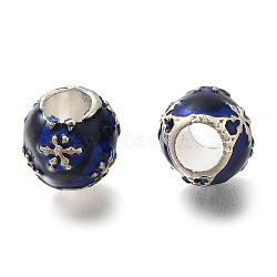 Rack Plating Alloy European Beads, with Enamel, Lead Free & Cadmium Free, Large Hole Beads, Round with Snowflake, Prussian Blue, 10x10mm, Hole: 4.5mm(FIND-H005-08P-02)