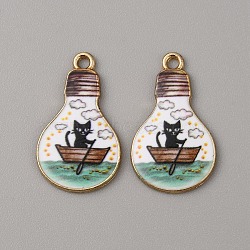 Alloy Enamel Pendants, Golden, Bulb Charm, Cat Pattern, 25x15x1.5mm, Hole: 1.6mm(ENAM-WH0061-29E)