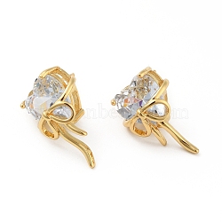 Cubic Zirconia Heart with Bowknot Stud Earrings, Real 18K Gold Plated Brass Jewelry for Women, Clear, 20x13mm, Pin: 0.7mm(EJEW-B013-10G-01)