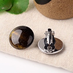Natural Tiger Eye Dome/Half Round Clip-on Earrings, with Platinum Plated Brass Findings, 21mm(EJEW-J090-03)