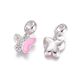 Brass Micro Pave Cubic Zirconia European Dangle Charms, with Pink Enamel, Large Hole Pendants, Butterfly, Platinum, 20mm, Butterfly: 11x12x3mm, Hole: 5mm(ZIRC-E163-02P)