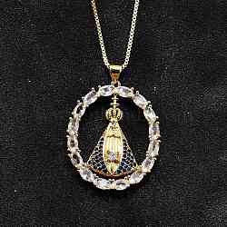 Brass Clear & Blue Cubic Zirconia Nossa Senhora Aparecida Virgin Pendant Necklaces for Women, Real 18K Gold Plated, 17.95 inch(45.6cm)(NJEW-U039-01A-G)