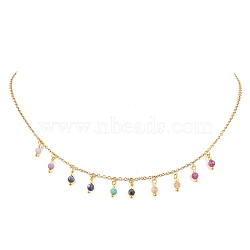 Natural Amethyst & Sunstone & Ruby & African Turquoise(Jasper) Faceted Round Bib Necklaces, 304 Stainless Steel Cable Chain Necklaces, Golden, Colorful, 15.94 inch(40.5cm)(NJEW-JN05082)