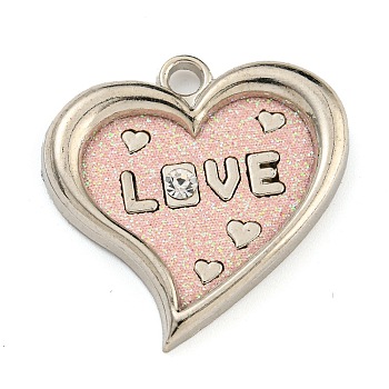Alloy Pendants, with PU Leather, Rhinestone and Glitter Powder, Heart with Word Love, Cadmium Free & Lead Free, for Valentine's Day, Pink, 29x29.5x4mm, Hole: 3mm