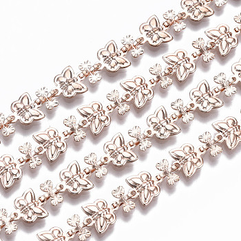 Brass Chains, Butterfly Link Chains, Unwelded, with Spool , Rose Gold, Butterfly: 9x8x2.3mm, Heart: 5.8x6.3x2.1mm, about 16.4 Feet(5m)/roll