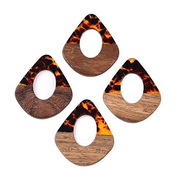 Transparent Resin and Walnut Wood Pendants, Hollow Teardrop Charms with Gold Foil, Orange, 48x41x4mm, Hole: 2mm