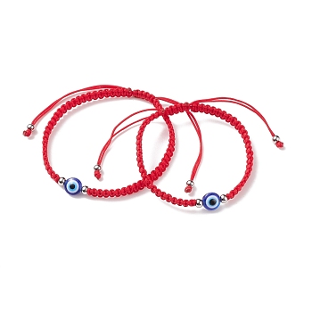 2Pcs 2 Style Resin Evil Eye Braided Bead Bracelets Set, Red Couple Bracelets for Parent and Child, Blue, Inner Diameter: 2-1/8~3-1/2 inch(5.5cm), 1Pc/style
