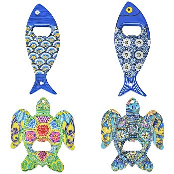 4Pcs 4 Styles Melamine Bottle Opener Fridge Magnet, Magnetic, Fish & Turtle, Mixed Color, 109~138x52~90.5x7mm, Hole: 5mm, 1pc/style