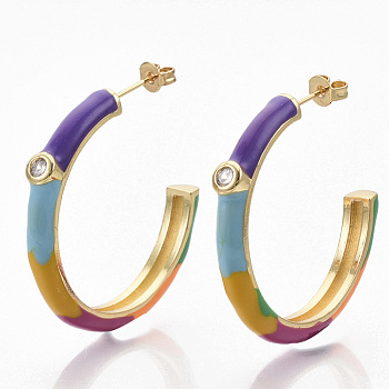 Brass Micro Pave Clear Cubic Zirconia Stud Earrings, Half Hoop Earrings, with Enamel and Earring Backs, Real 18K Gold Plated, Colorful, 35~36x35.5x4.5mm, Pin: 0.7mm