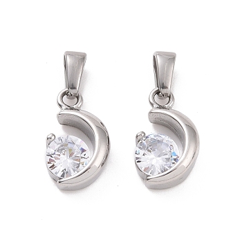 304 Stainless Steel Charms, with Cubic Zirconia, Moon, Clear, Stainless Steel Color, 15x8.5x4mm, Hole: 5x3mm