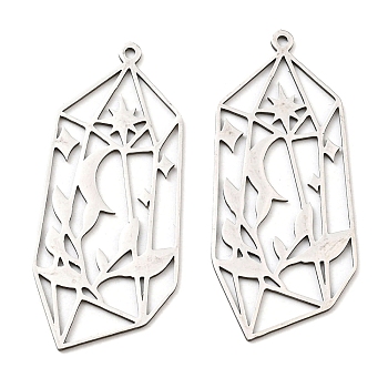 201 Stainless Steel Pendants, Laser Cut, Cystal with Moon & Star Charm, Stainless Steel Color, 47.5x21x1mm, Hole: 1.5mm
