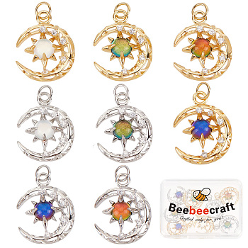 8Pcs 8 Colors Brass Micro Pave Clear Cubic Zirconia Glass Pendants, with Jump Ring, Long-Lasting Plated, Moon, Cadmium Free & Lead Free, Mixed Color, 21x16.5x4.5mm, Jump Ring: 5x0.8mm, 3.5mm Inner Diameter, 1pc/color
