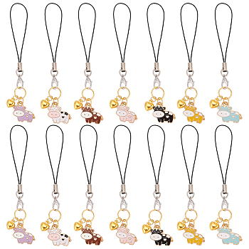 14Pcs Cell Phone Strap Charm Cow & Heart Enamel Charm Hanging Keychain for Women, Phone Decorations Charm, with Nylon Cord, Mixed Color, 10~10.5cm