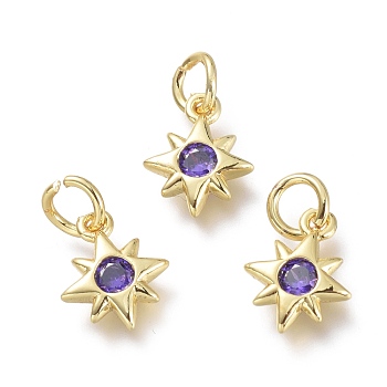 Brass Micro Pave Cubic Zirconia Pendants, with Jump Rings, Star, Real 18K Gold Plated, Lilac, 10x8x2mm, Hole: 3.5mm