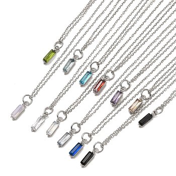 Rectangle Cubic Zirconia Pendant Necklaces, 304 Stainless Steel Cable Chain Necklace for Women, Stainless Steel Color, Mixed Color, 17.52 inch(44.5cm)