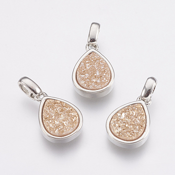 Natural Druzy Agate Pendants, with Brass Finding, teardrop, Platinum, Bisque, 14.5x10x3~4mm, Hole: 2x2.5mm