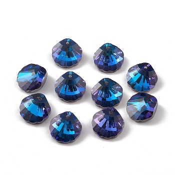 Electroplate Glass Pendants, Back Plated, Faceted, Shell Charms, Blue, 16x16x7~7.5mm, Hole: 1.4~1.5mm