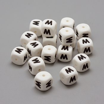 Food Grade Eco-Friendly Silicone Beads, Chewing Beads For Teethers, DIY Nursing Necklaces Making, Letter Style, Cube, Letter.M/W, 12x12x12mm, Hole: 2mm