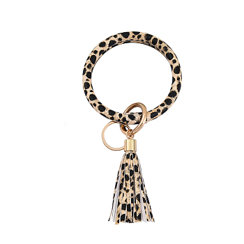 Leopard Print Pattern PU Imitaition Leather Bangle Keychains, Wristlet Keychain with Tassel & Alloy Ring, Moccasin, 200x100mm
