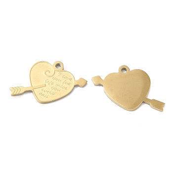 Ion Plating(IP) 316L Surgical Stainless Steel Pendants, Heart with Arrow Charm, Textured, Real 18K Gold Plated, 14x22x1mm, Hole: 1.5mm