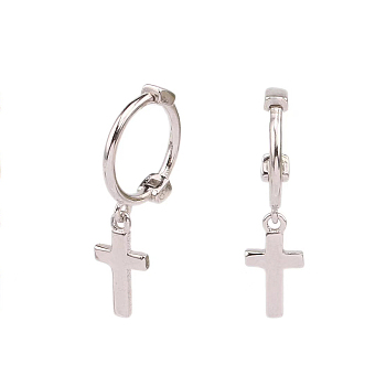 Anti-Tarnish Simple and Stylish S925 Silver Cross Hoop Earrings for Daily Wear, Platinum, 18x5x10mm