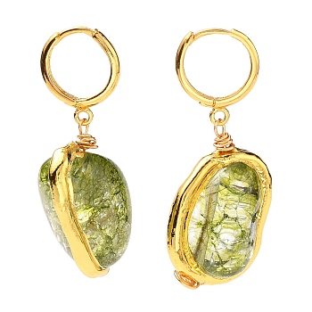 Brass Huggie Hoop Earring, with Dyed Natural Quartz Crystal Pendants, Nuggets, Golden, Olive Drab, 39.5~48mm, Pin: 1mm