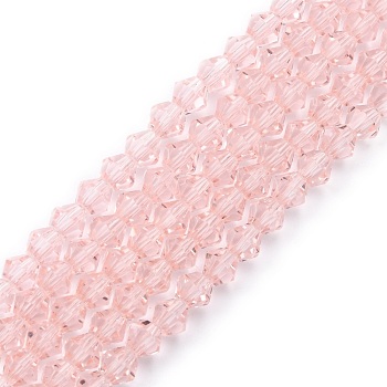 Imitation Austrian Crystal 5301 Bicone Beads, Faceted Glass Beads Strands, Pink, 4x4mm, Hole: 1mm, about 88~89pcs/strand, 12.99~13.39 inch