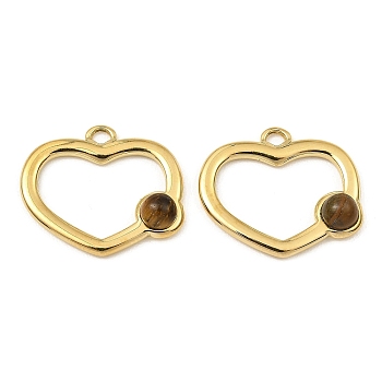 Natural Tiger Eye Pendants, Ion Plating(IP) 316 Stainless Steel Heart Charms, Real 24K Gold Plated, 15.5x18x4mm, Hole: 1.6mm