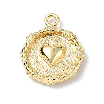 Brass Pendants, Textured, Real 18K Gold Plated, Flat Round with Playing Cards Charm, Heart, 15.5x12.5x2.5mm, Hole: 1.4mm