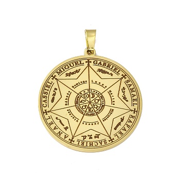 304 Stainless Steel Pendants, Flat Round with The Seven Archangels Charm, Golden, 38x35x1.5mm, Hole: 7.5x4mm