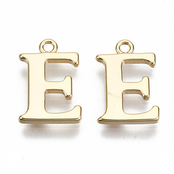 Brass Charms, Nickel Free, Letter, Real 18K Gold Plated, Letter.E, E: 14x9x1mm, Hole: 1.2mm