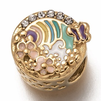 316 Surgical Stainless Steel European Beads, Large Hole Beads, with Enamel and Rhinestone, Flat Round with Flower, Golden, Mixed Color, 12.5x11.5x7.5mm, Hole: 4.5mm