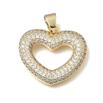 Brass Micro Pave Clear Cubic Zirconia Pendants, Heart Charms, Lead Free & Cadmium Free, Rack Plating, Long-Lasting Plated, Real 18K Gold Plated, 20.5x23x3.5mm, Hole: 6x4.5mm