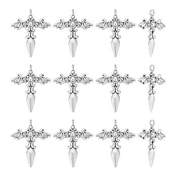 30Pcs Tibetan Style Sword with Wing Alloy Pendants, Antique Silver, 44x35x3mm, Hole: 3.5mm