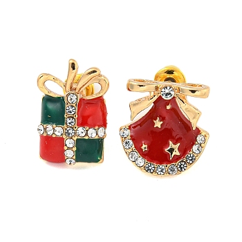 Christmas Alloy Crystal Rhinestone Asymmetrical Stud Earrings for Women, with Brass Pins, Golden, Box, 13~15x10~12.5mm