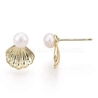 Brass Shell Shape & Natural Pearl Stud Earrings(PEAR-N020-05H)-2